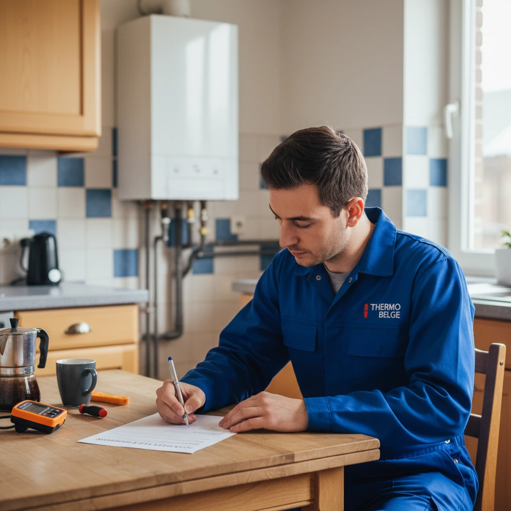 Technicien chauffagiste redigeant l'attestation d'entretien apres le controle de la chaudiere