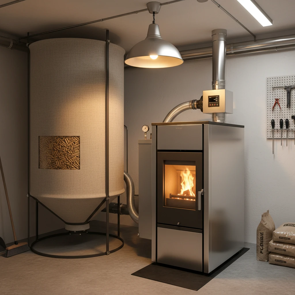 Chaudiere a pellets avec silo de stockage dans une cave belge