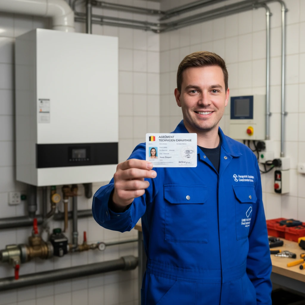 Chauffagiste agree montrant sa certification officielle belge
