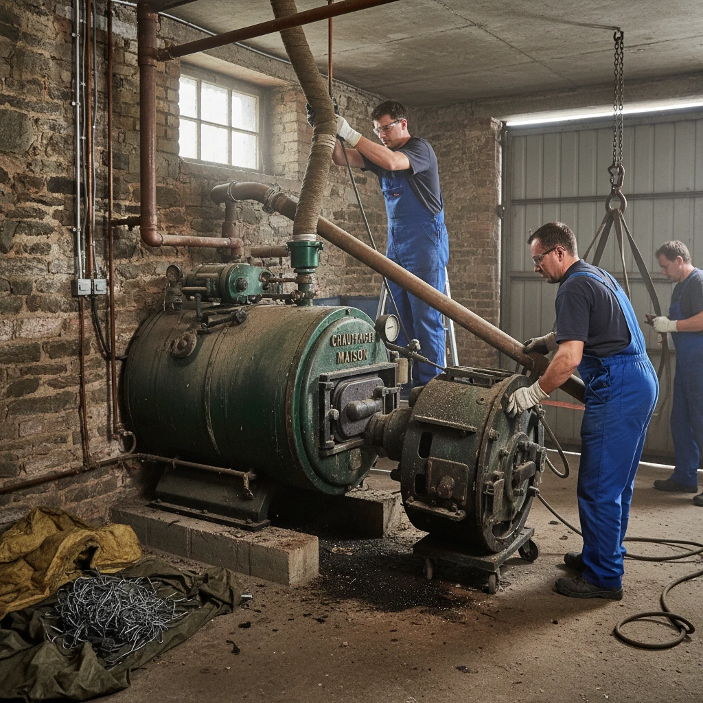 Depose d'une ancienne chaudiere mazout lors du remplacement